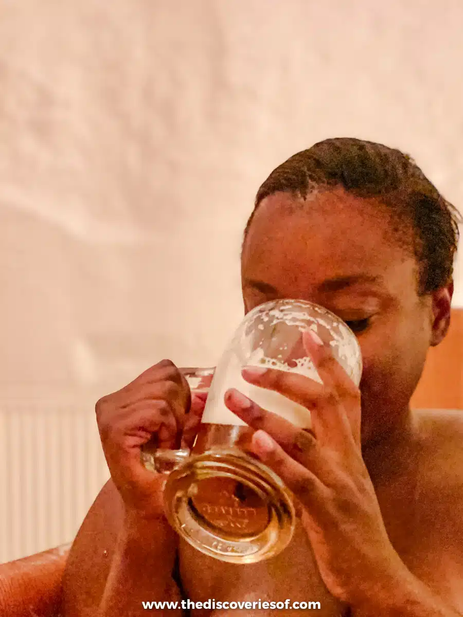 Julianna drinking at the beer spa